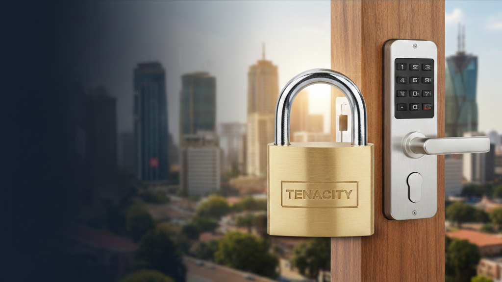 Lock with digital handle against a cityscape background